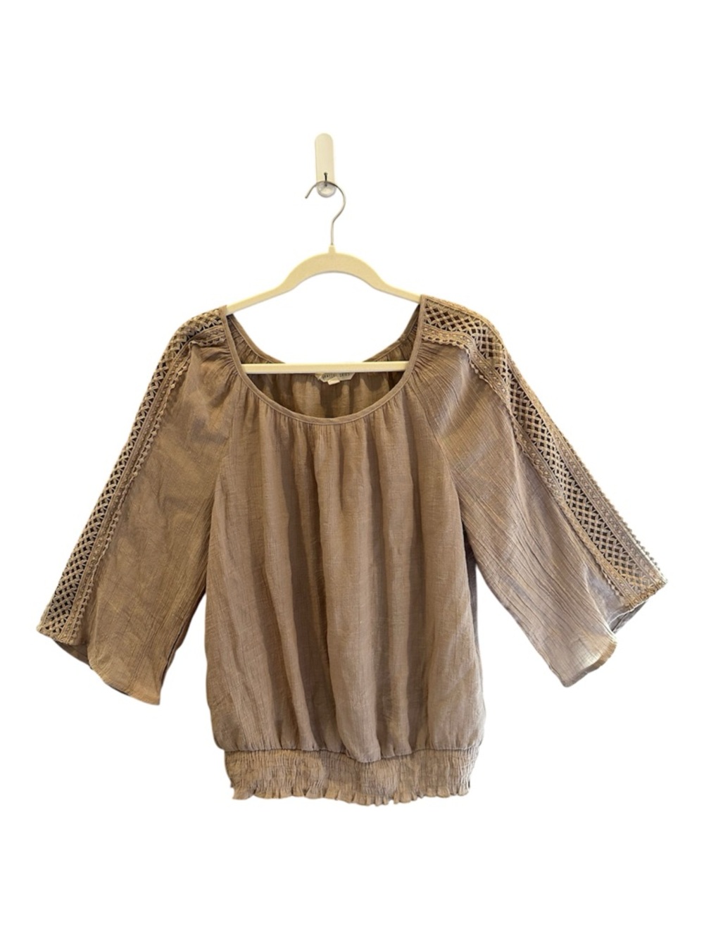 Parallel Skies Lightweight Taupe Peasant Top Crochet Sleeve XL